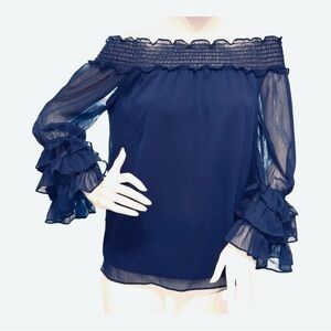 CeCe Navy Off The Shoulder Ruffle Blouse Smocked Romantic Top Size S